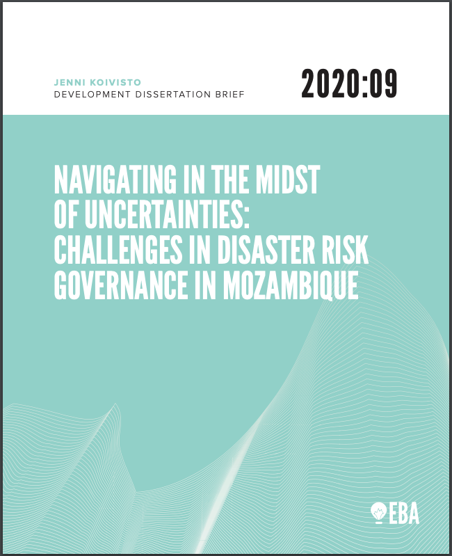 Cover of the publication DDB 2020:09 Navigating in the Midst of Uncertainties: challenges in disaster risk governance in Mozambique by Jenni Koivisto. The cover also shows a stylized geometrical figure. The cover is clickable and the link leads to the publication.
