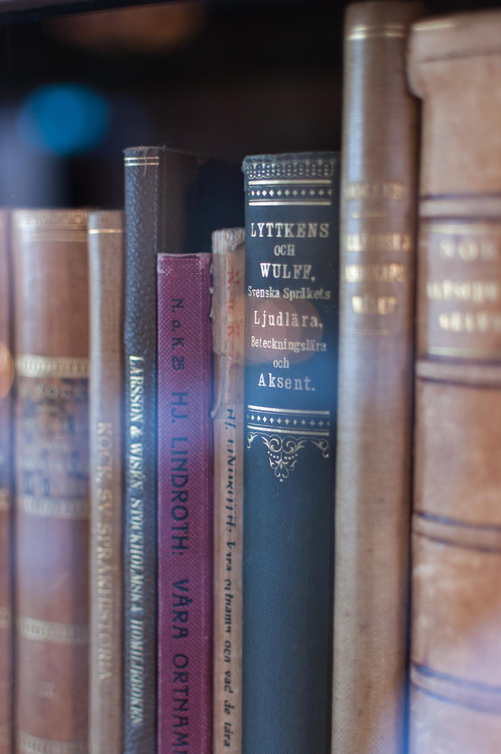 Närbild på gamla bokryggar i en bokhylla
