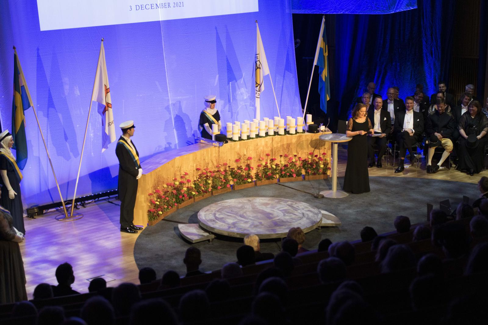 Övermarskalk och marskalkar på scenen, Akademisk högtid 2021
