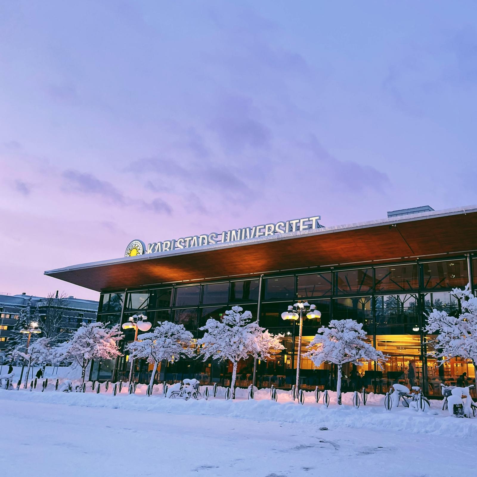 Universitetsbibliotekets fasad med snö