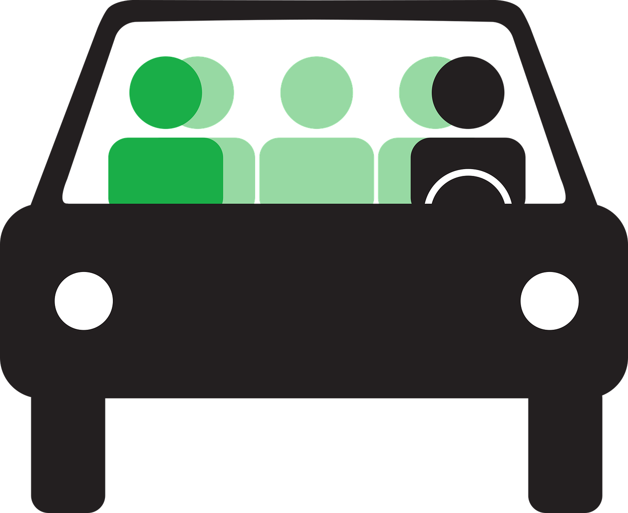 Figurer i grönt och svart i en svart bil