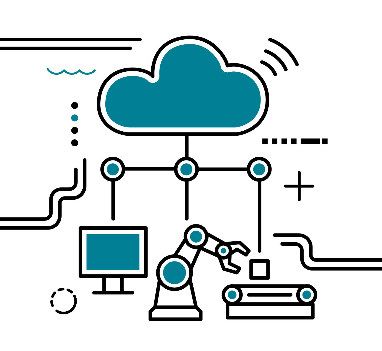 Illustration av moln, dator och maskin