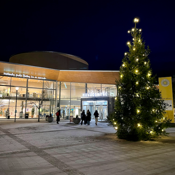 huvudentrén med julgran