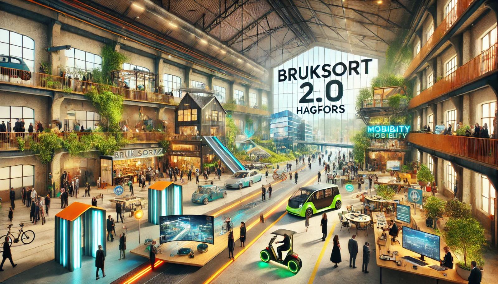 Tecknad inomhusmiljö med elfordon och människor