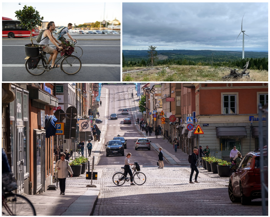 Kollage med tre bilder: på cyklister, vindkraftverk och en stadsmiljö.