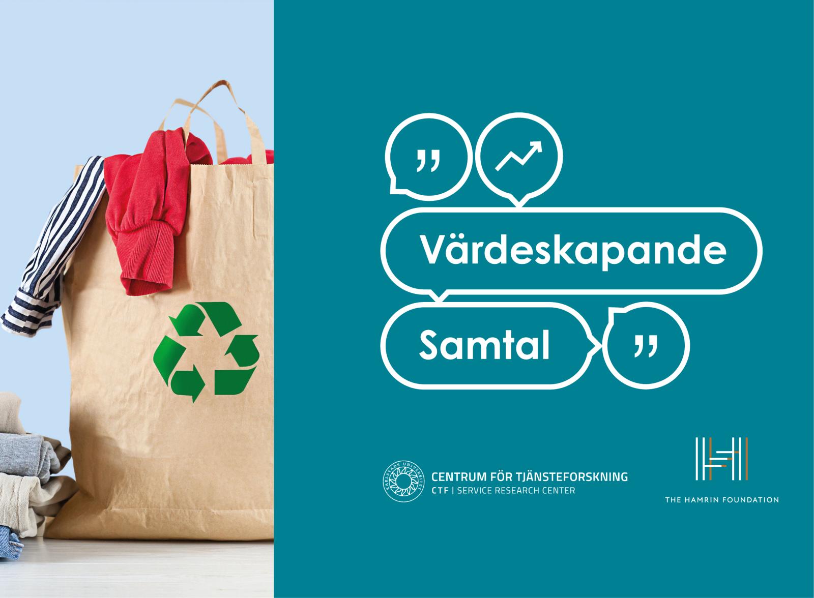 Bild på kläder, kasse och symbol för hållbarhet