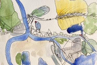 Illustration med Klarälven, en trollslända, med mera, sett ovanifrån.