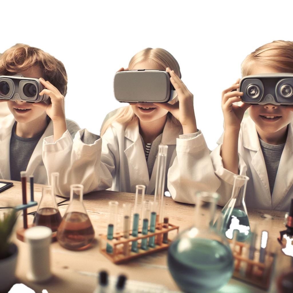 En bild på tre barn med VR-glasögon och provrör runt omkring
