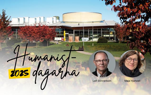 Exteriörbild av KARLSTADS UNIVERSITET med en porträttbild av en man och en porträttbild av en kvinna