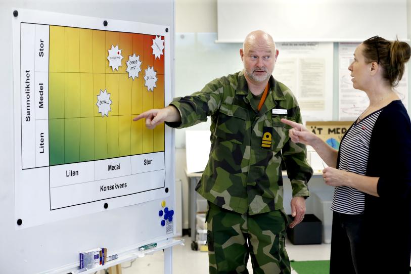 Två personer spelar spelet FattaRisk i RiskLab.