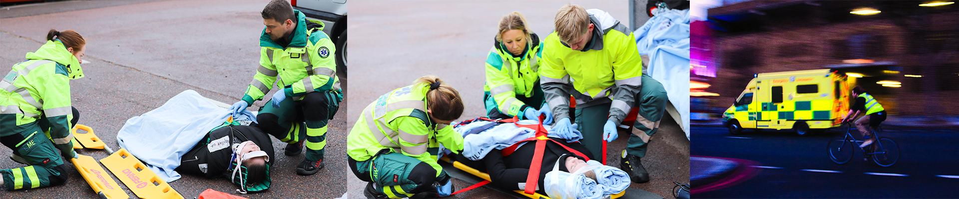 Studenter tar hand om skadade vid en olyckshändelse och en bild på en ambaulans