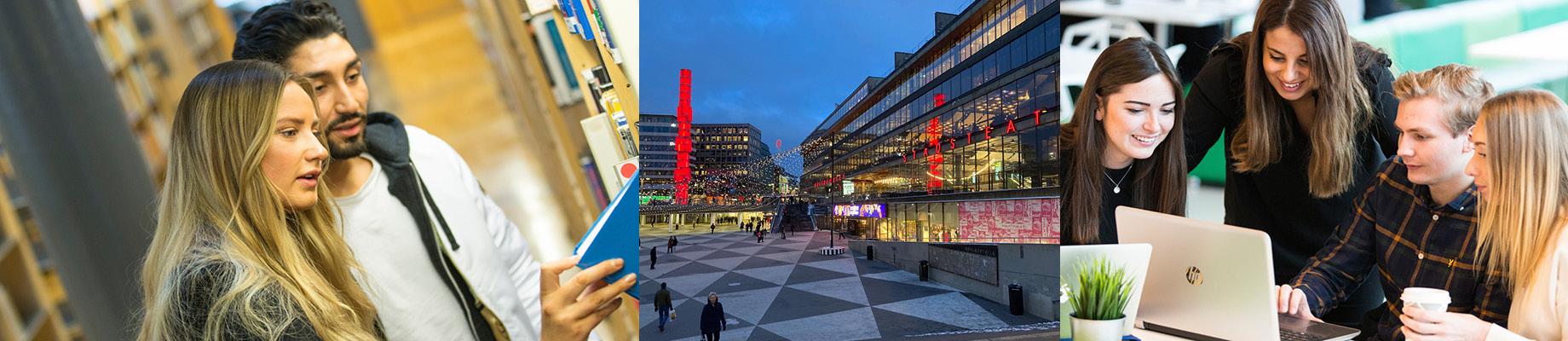 Kollage med kvinnlig och manlig student som letar böcker på universitetsbiblioteket; kvällsvy över Sergels torg och Kulturhuset i Stockholm; fyra studenter vid Karlstads universitet med gemensam uppmärksamhet mot en datorskärm