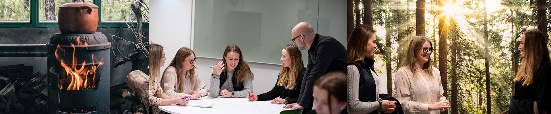 tre bilder, där den första är på en svart kamin med en panna på den andra är det studneter på undervisning och den sista står studneter vi vägg med träd