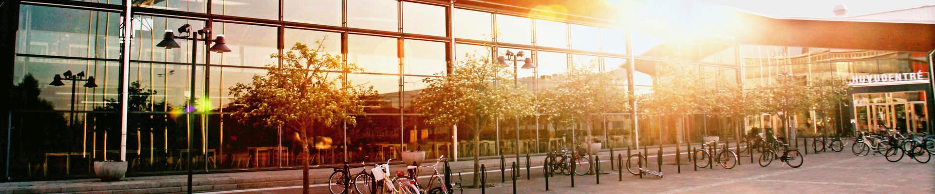 Biblioteket och huvudentrén i skymning