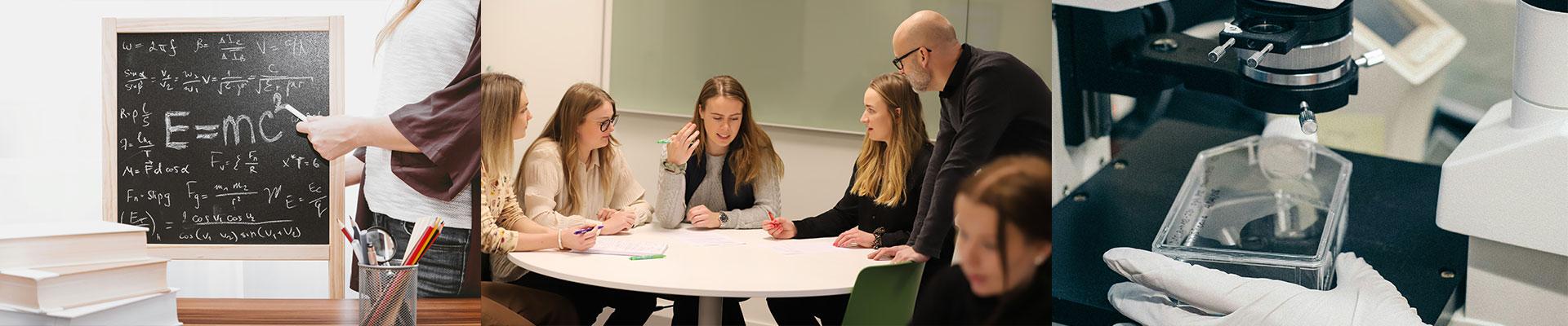 Ett mattetal och en lärare som lär ut till tre studneter och ett mikroskåp