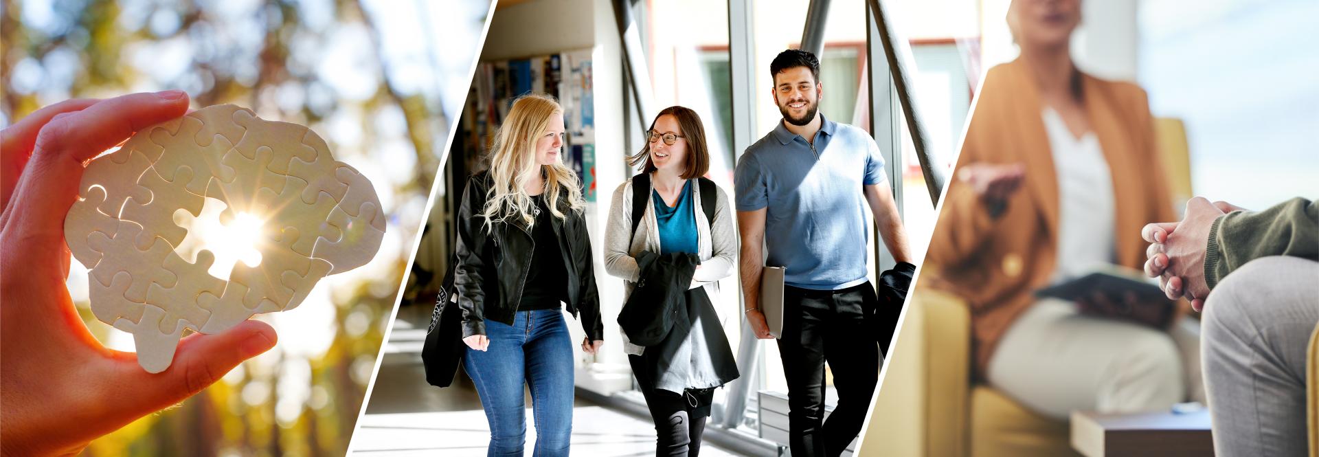 Bildkollage med tre bilder som visar ett pussel i hand, tre unga studenter och ett samtal 
