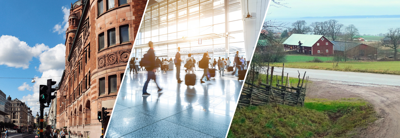 Programbild med storstad, flygplats och landsbygd