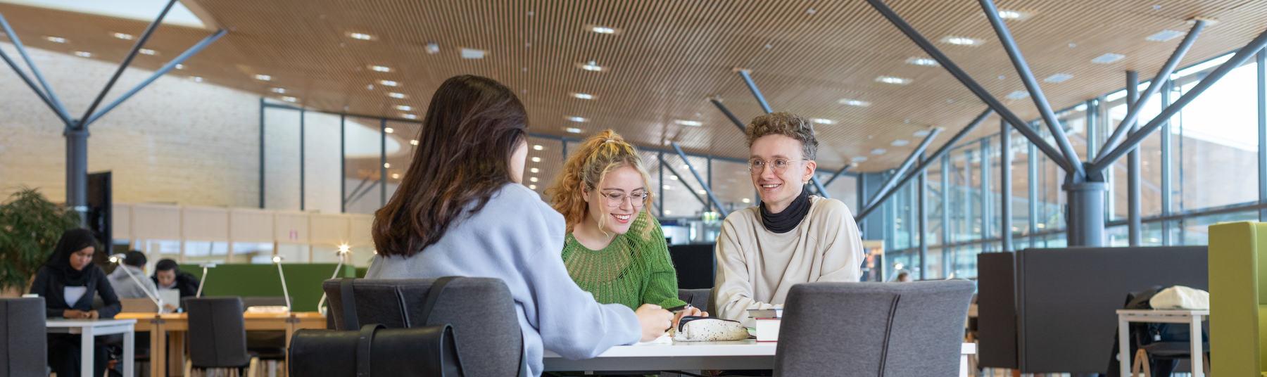 tre studenter pluggar och pratar i biblioteket