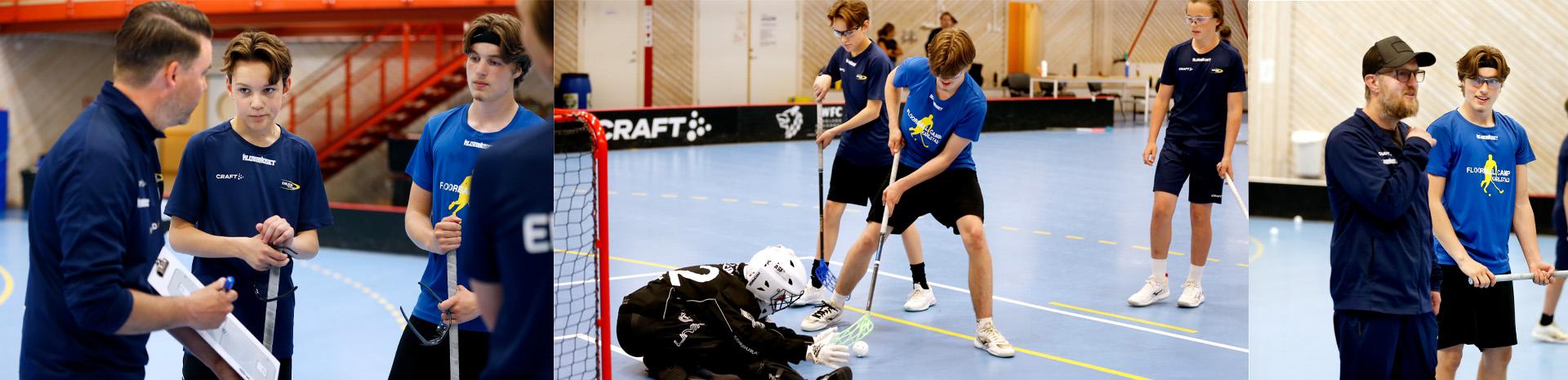 Ungdomar som blir instruerade av lagledare i innebandy samt spelar innebandy