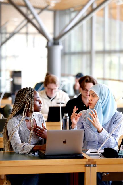 Två studenter i biblioteket diskuterar och gestikulerar