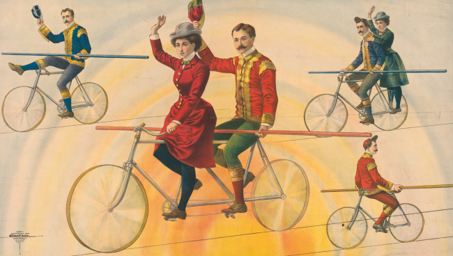 En grupp cirkusartister på cykel