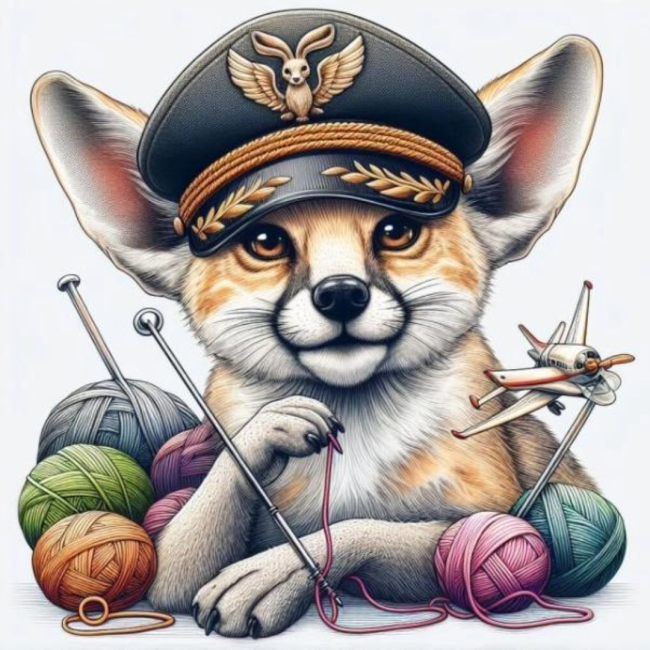 Räv i pilotmössa med stickning