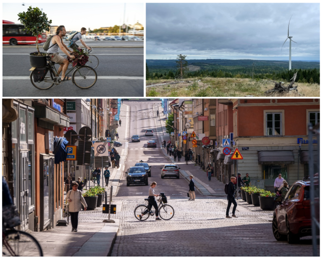 Kollage med tre bilder, på cyklister, vindkraftverk och en stadsmiljö.