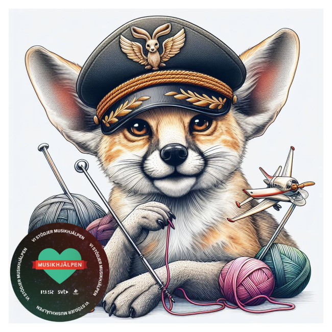 Räv med stickning och musikhjälpens logotyp