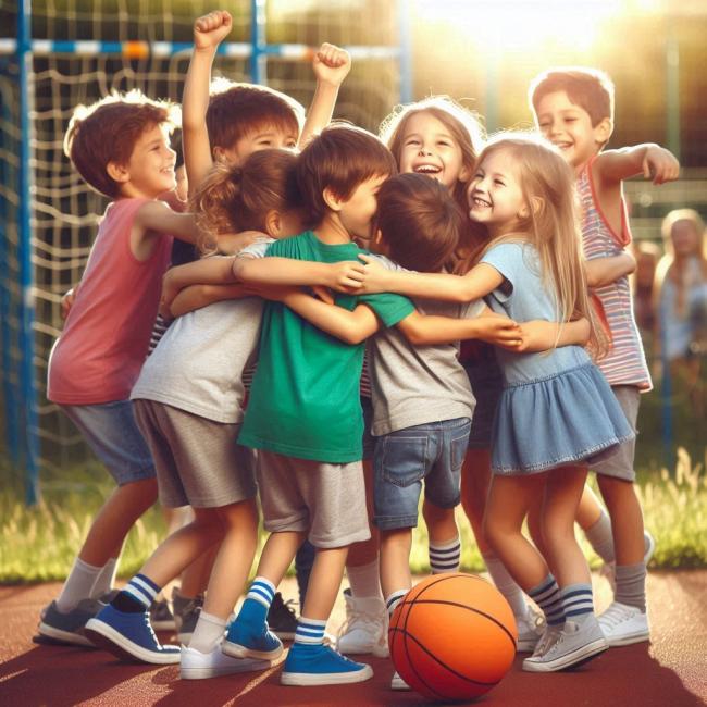 Barn i grupp med en basketboll