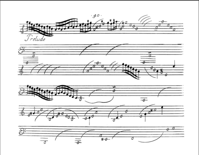 Notbild ur menuetten Prelude A Moll de La Guerre av Élisabeth Jacquet de La Guerre transkriberat för gitarr som framförs under forskningsseminariet Challenging musical canons på Ingesund av Eva Beneke.