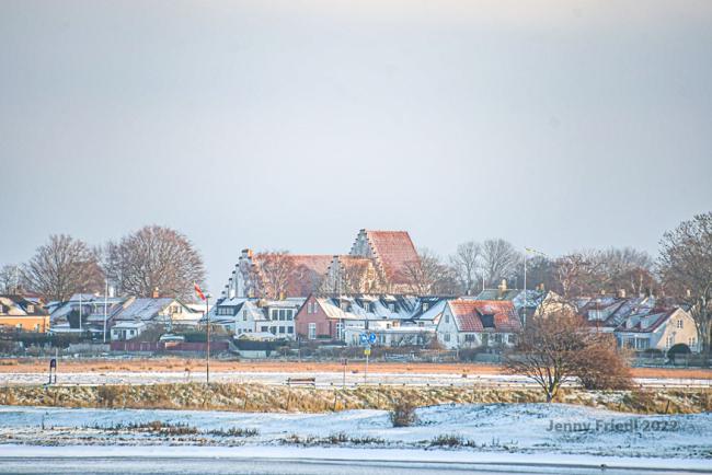 Hus på kusten i vinterdimma i Falsterbo