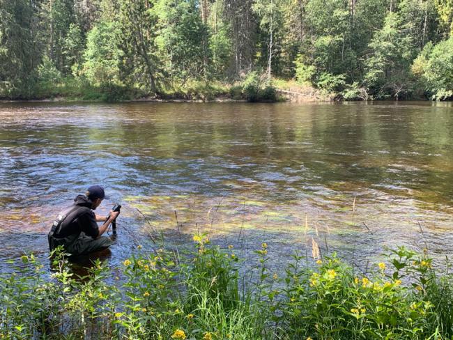 En man sitter hukad vid ett vattendrag i skogen