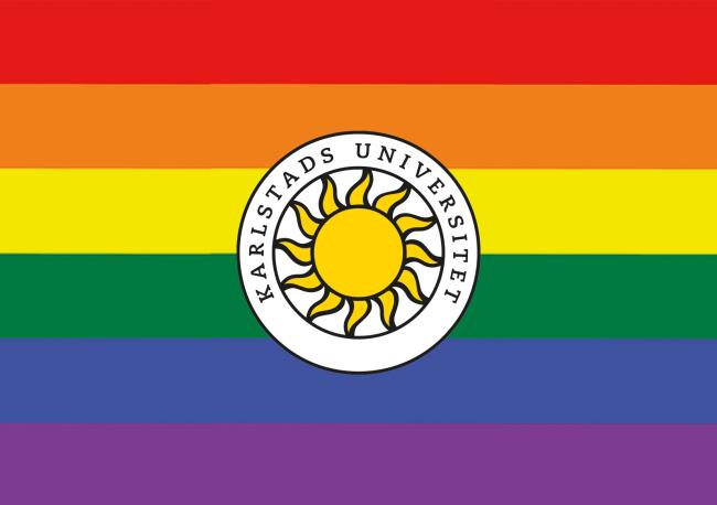 Bild med Prideflagga + universitetets logotyp