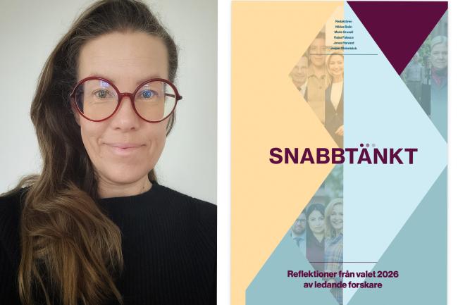 Porträttbild av kvinna i glasögon och framsidan av rapporten som nämns i texten