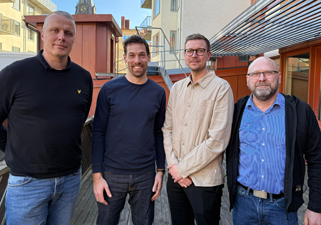 Fredrik Östlin innovationsrådgivare Peter Samuelsson och Jakob Trischler lektor respektive docent i företagsekonomi samt Mikael Johnson lektor i företagsekonomi.