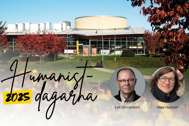 Exteriörbilder på Karlstads Universitet inkl porträttbilder av man och kvinna