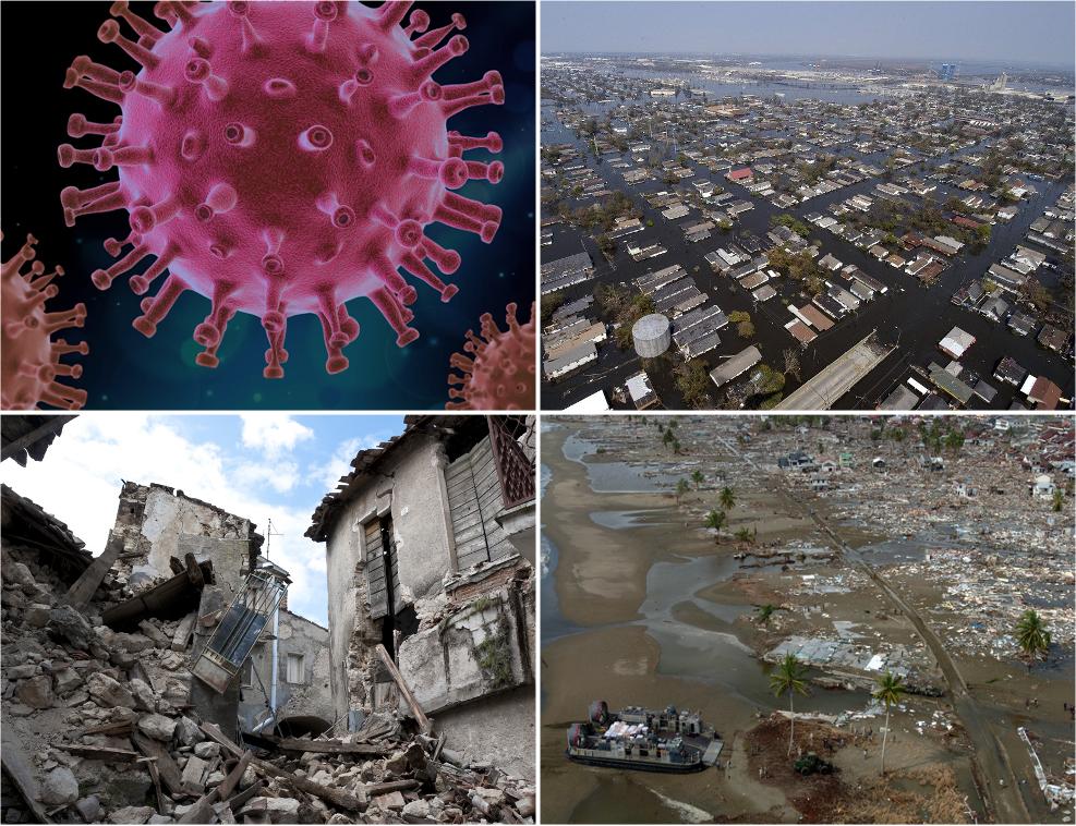 The image illustrates four natural hazards and their related consequences: an electron microscope image of the corona virus, a flooded urban area in New Orleans following Hurricane Katrina, houses destroyed from the L'Aquila earthquake, and damaged houses and debris on a beach after tsunami impact.