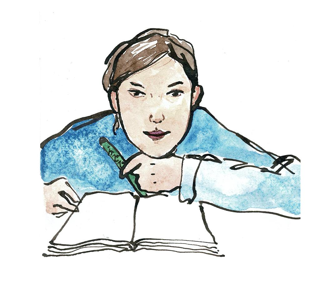 Sketch depicting the artist Mariia Ermilova leaning over a book